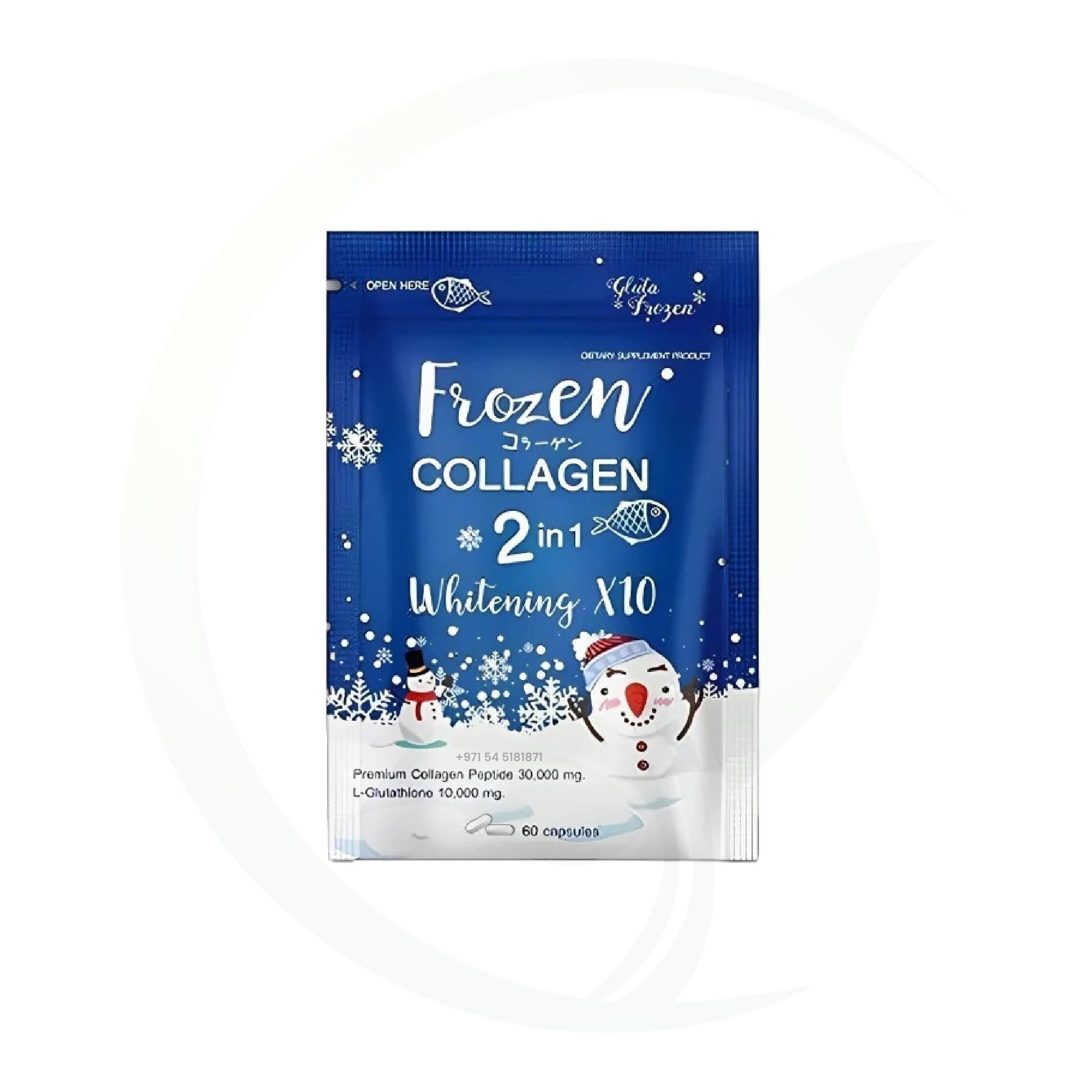 A blue and white packet of Frozen Collagen 2 in 1 Whitening X10 capsules with snowman illustrations and snowflake designs.