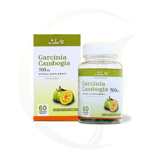 Garcinia Cambogia 500mg herbal supplement bottle and packaging, featuring green and orange fruit illustration, 60 vegetarian capsules.