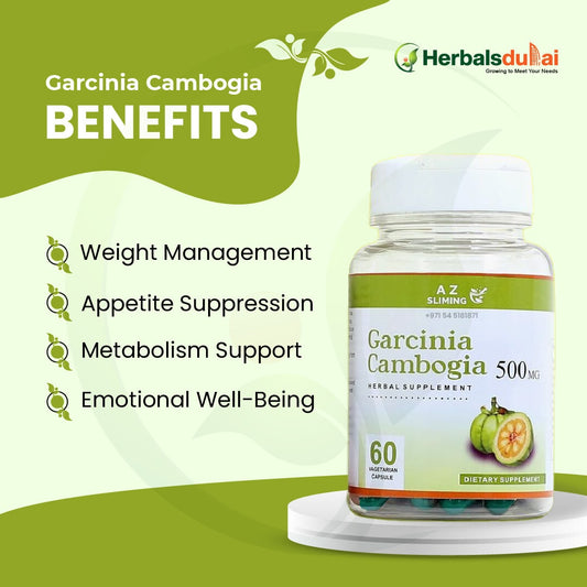 Image of a Garcinia Cambogia herbal supplement bottle by Herbals Dubai, highlighting benefits such as weight management, appetite suppression, metabolism support, and emotional well-being.