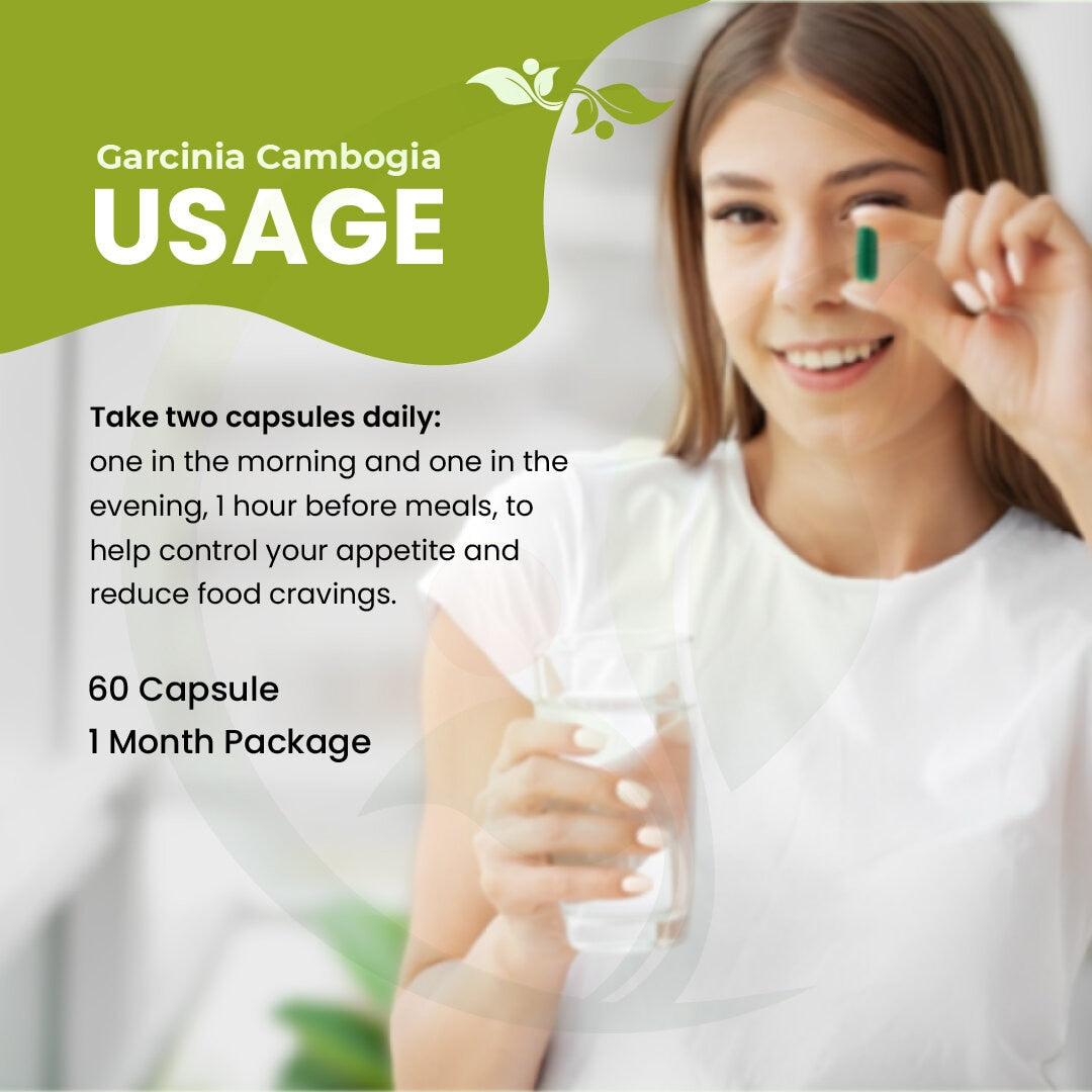 A woman holds a green capsule with a glass of water, representing Garcinia Cambogia supplement usage instructions, detailing a regimen of two capsules daily to help control appetite and reduce cravings.