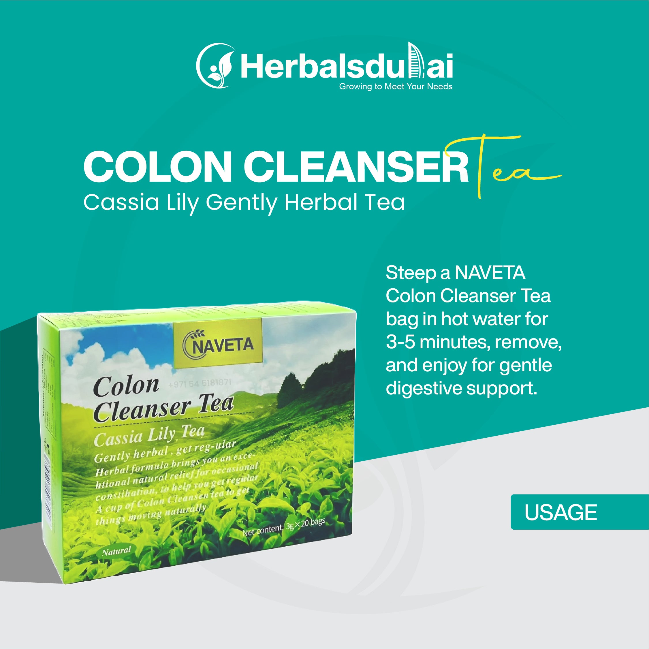 Herbal Colon Cleanser Tea box with benefits listed, focusing on herbal wellness and colon cleansing.