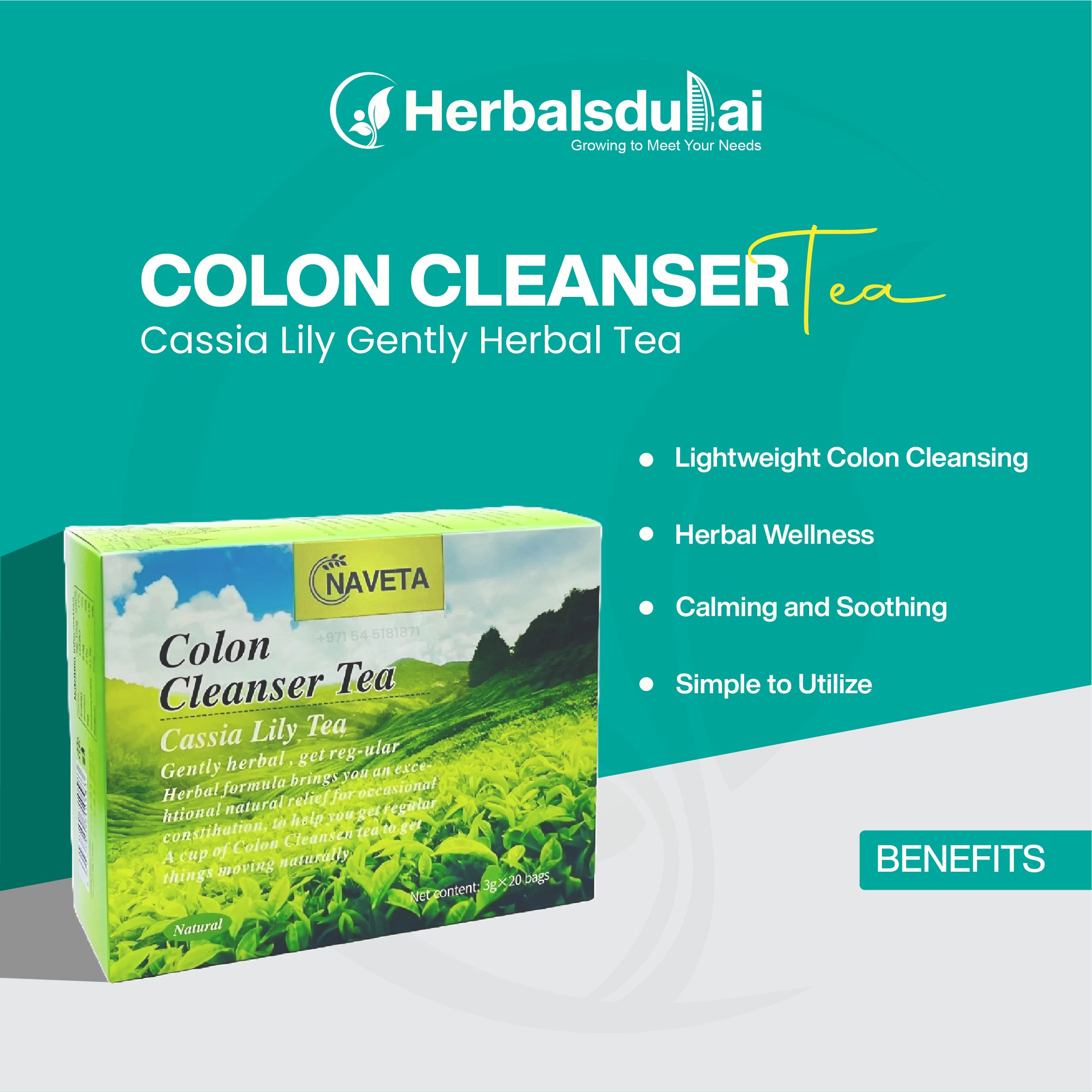 Herbal Colon Cleanser Tea box with benefits listed, focusing on herbal wellness and colon cleansing.