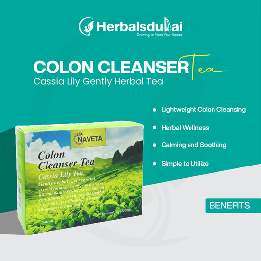 Herbal Colon Cleanser Tea box with benefits listed, focusing on herbal wellness and colon cleansing.