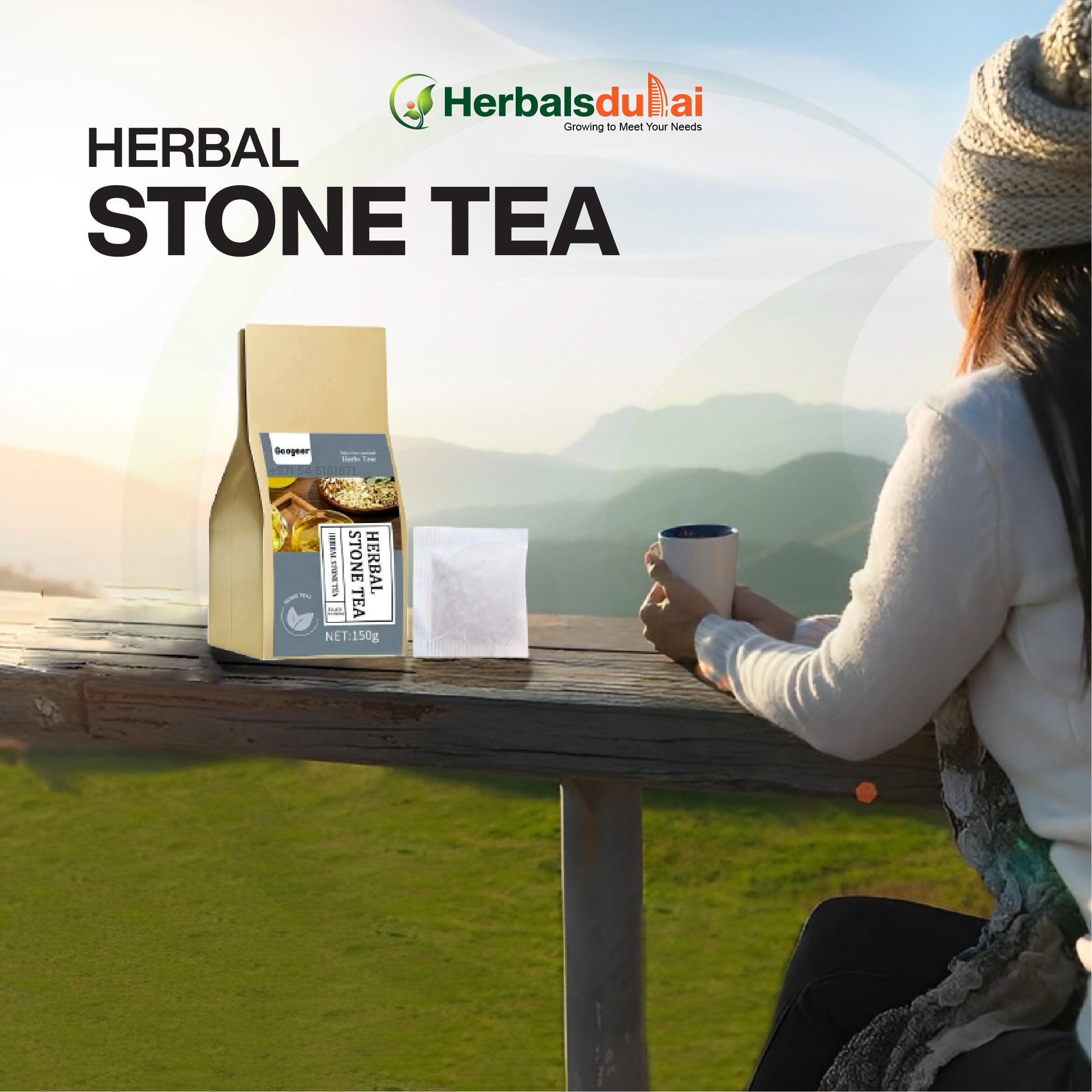 Packaging of Herbal Stone Tea on a wooden kitchen counter with instructions for steeping and daily use, promoting natural cleansing and well-being.