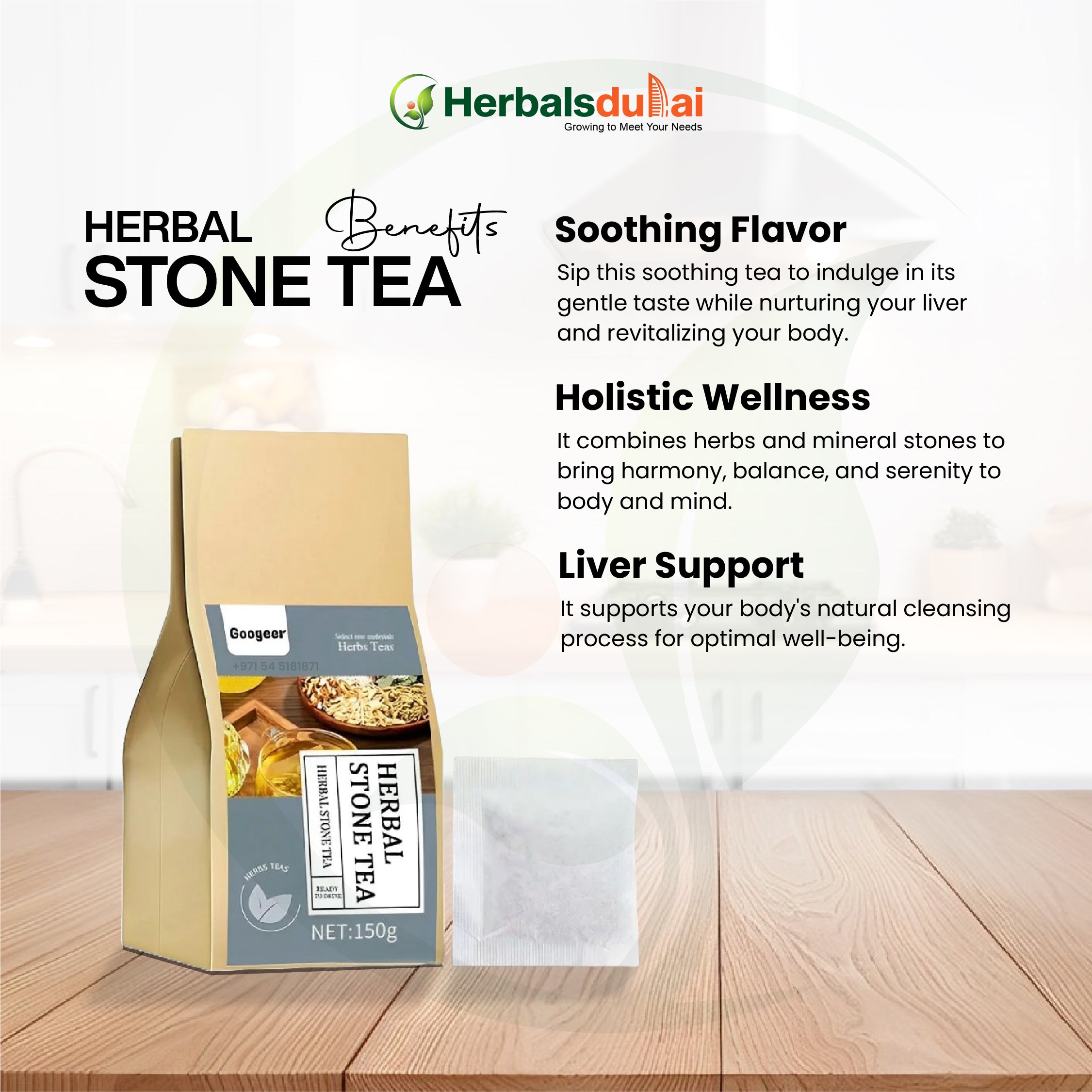 Packaging of Herbal Stone Tea with benefits highlighted, including soothing flavor, holistic wellness, and liver support.