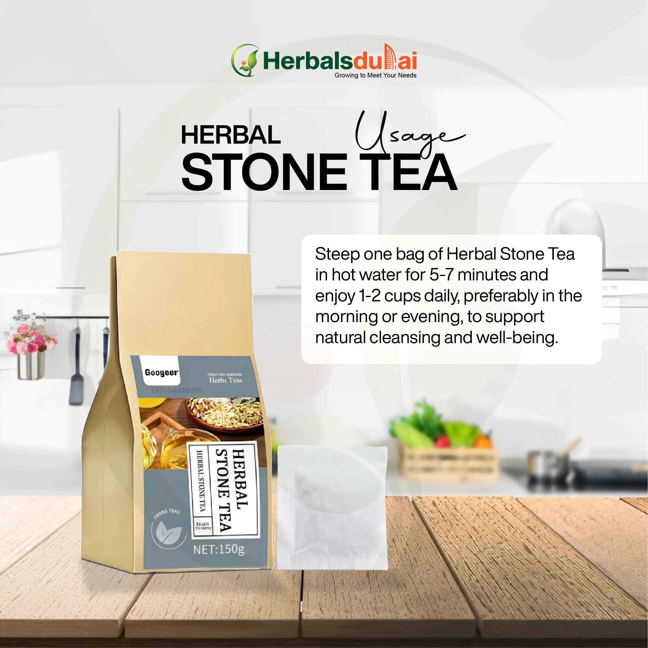 Packaging of Herbal Stone Tea on a wooden kitchen counter with instructions for steeping and daily use, promoting natural cleansing and well-being.