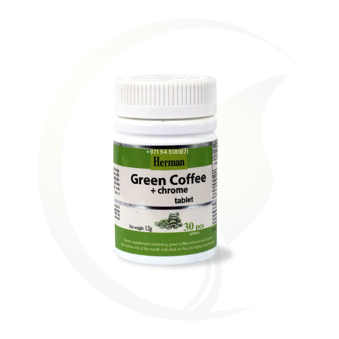 Bottle of Herman Green Coffee + Chrome tablets with a white and green label, containing 30 tablets for dietary supplementation.