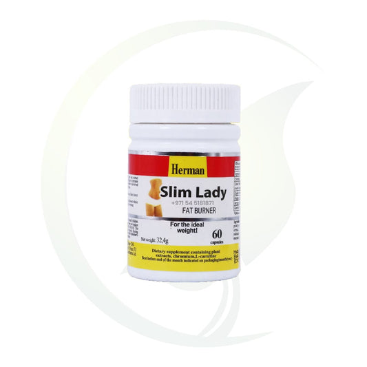 A bottle of Herman Slim Lady Fat Burner dietary supplement, containing 60 capsules, designed for weight loss.