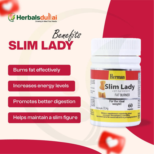 Image of a bottle labeled "Herman Slim Lady" fat burner capsules, advertised by Herbals Dubai. The product claims to burn fat effectively, increase energy levels, promote better digestion, and help maintain a slim figure.