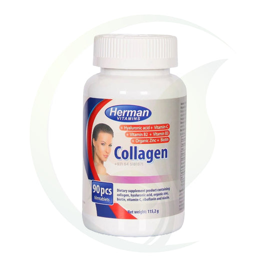 Bottle of Herman Vitamins collagen supplement featuring hyaluronic acid, vitamin C, zinc, and biotin.