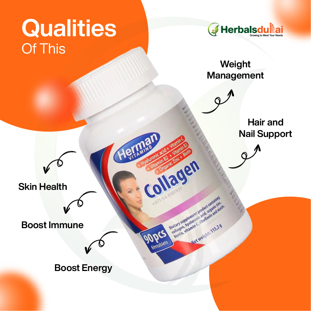 Collagen supplement bottle with labels highlighting benefits such as skin health, immune boost, energy boost, weight management, and hair and nail support.