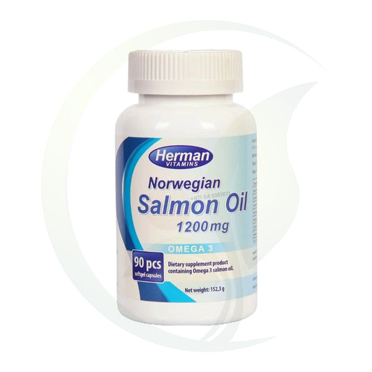 Bottle of Herman Vitamins Norwegian Salmon Oil 1200 mg, containing 90 softgel capsules enriched with Omega 3.