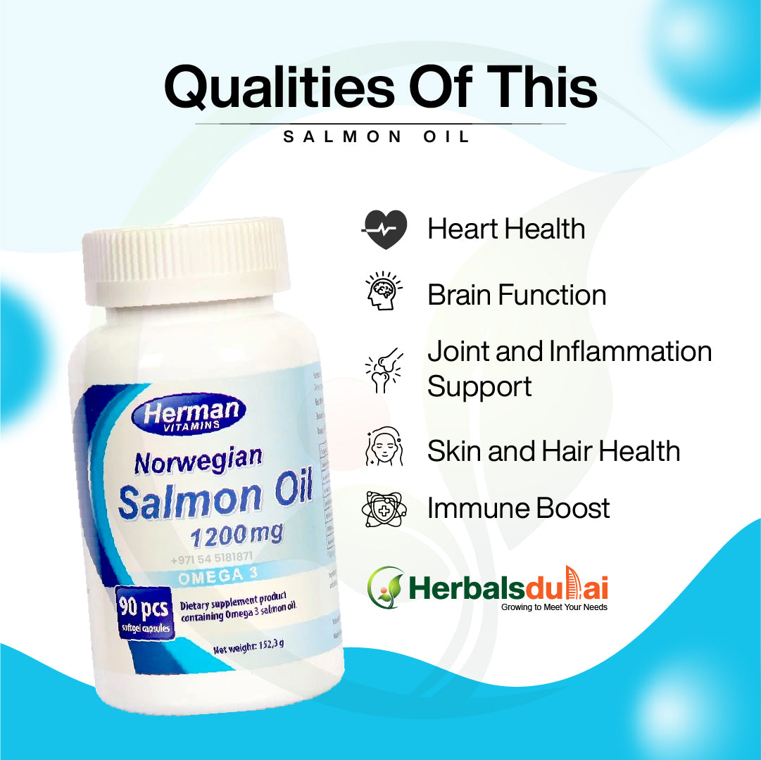 Bottle of Herman Vitamins Norwegian Salmon Oil 1200 mg, containing 90 softgel capsules enriched with Omega 3.