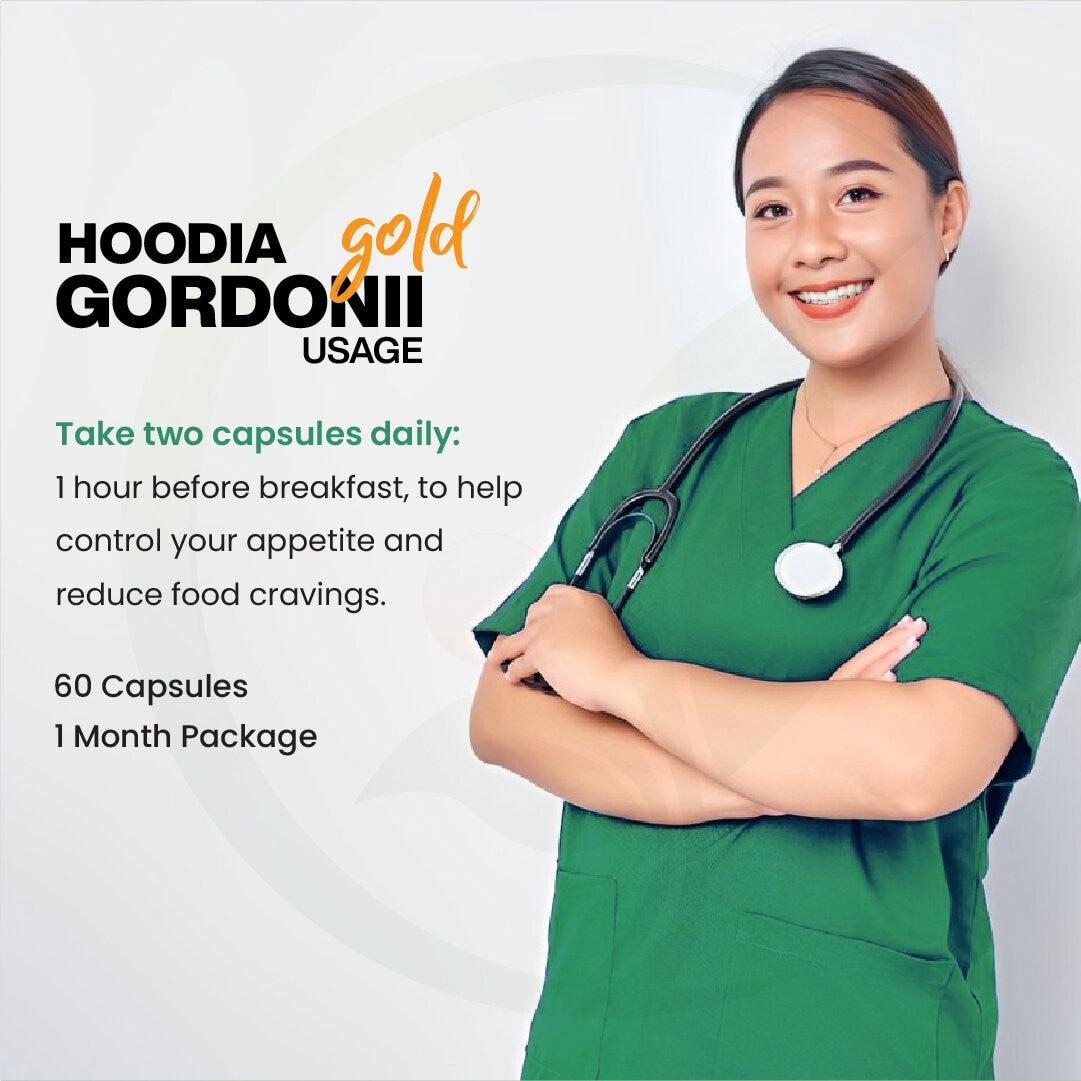 A nurse in green scrubs with a stethoscope smiles confidently, standing beside text promoting Hoodia Gordonii Gold usage instructions for appetite control.