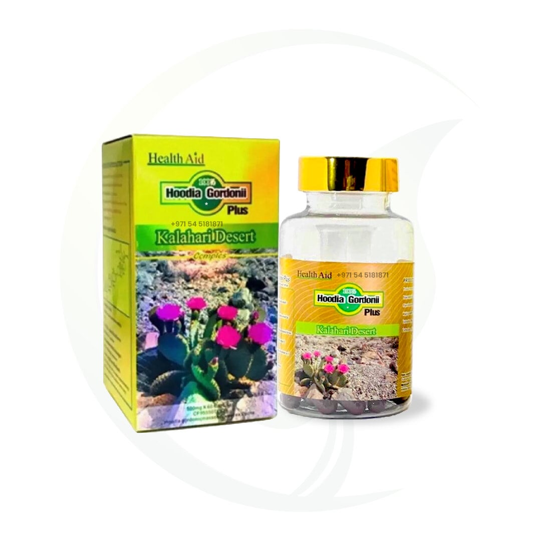 Bottle and box of Health Aid Hoodia Gordonii Plus dietary supplement with Kalahari Desert imagery.