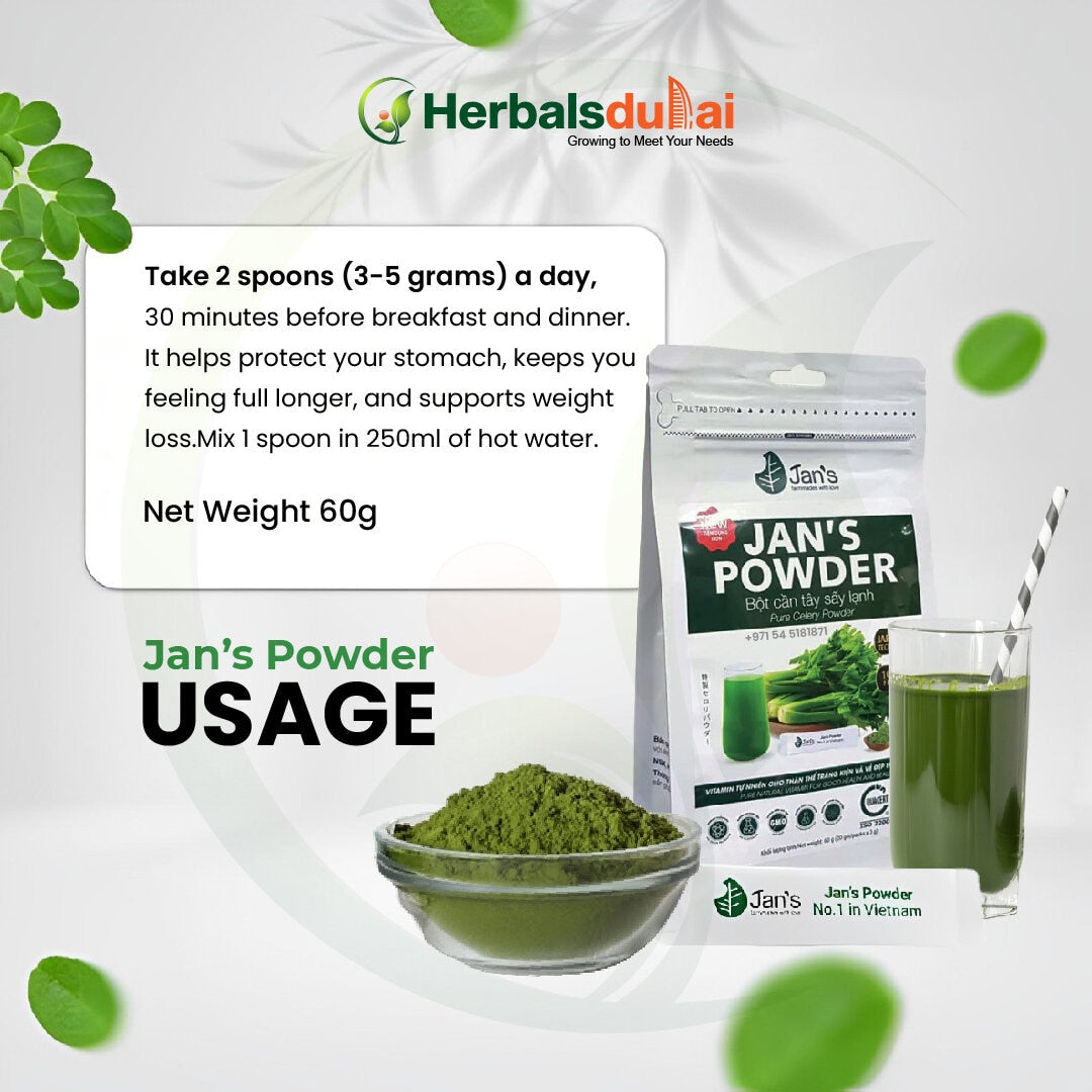 Image of Jan's Powder packaging, a bowl of green powder, and a glass of green beverage with a straw. The text highlights dosage instructions and benefits such as stomach protection and weight loss support. The brand name Herbals Dubai is visible.