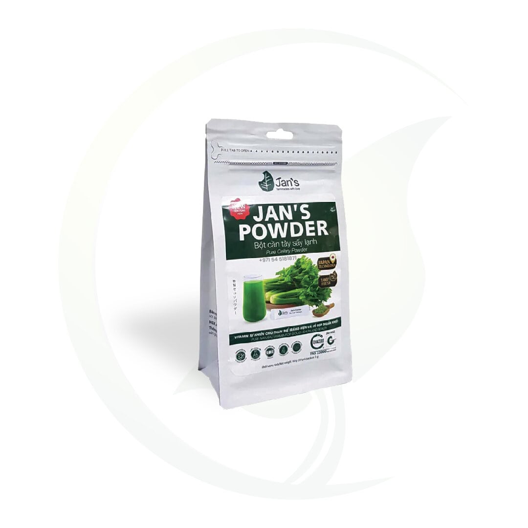 A package of Jan's Powder celery powder, featuring a vibrant green drink and fresh celery on the label.