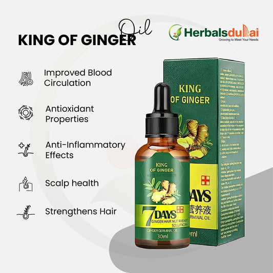 Image of a "King of Ginger" hair oil bottle next to its packaging. The packaging highlights benefits such as improved blood circulation, antioxidant properties, anti-inflammatory effects, scalp health, and hair strengthening. The brand name "Herbals Dubai" is displayed prominently.