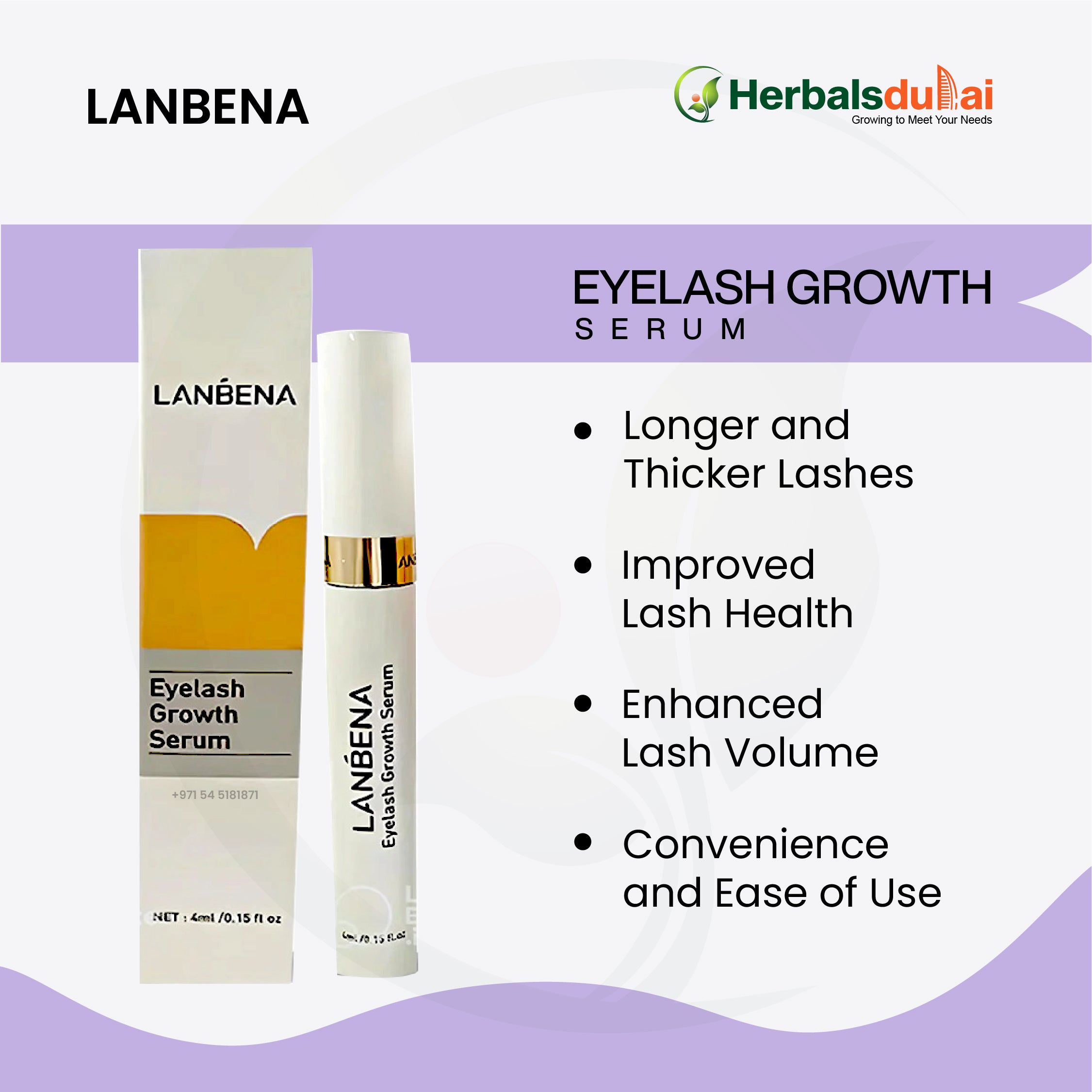 Image of LANBENA Eyelash Growth Serum packaging with features listed, including benefits such as longer and thicker lashes, improved lash health, enhanced lash volume, and convenience.