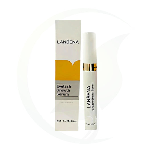 Lanbena Eyelash Growth Serum with packaging displayed against a white background.