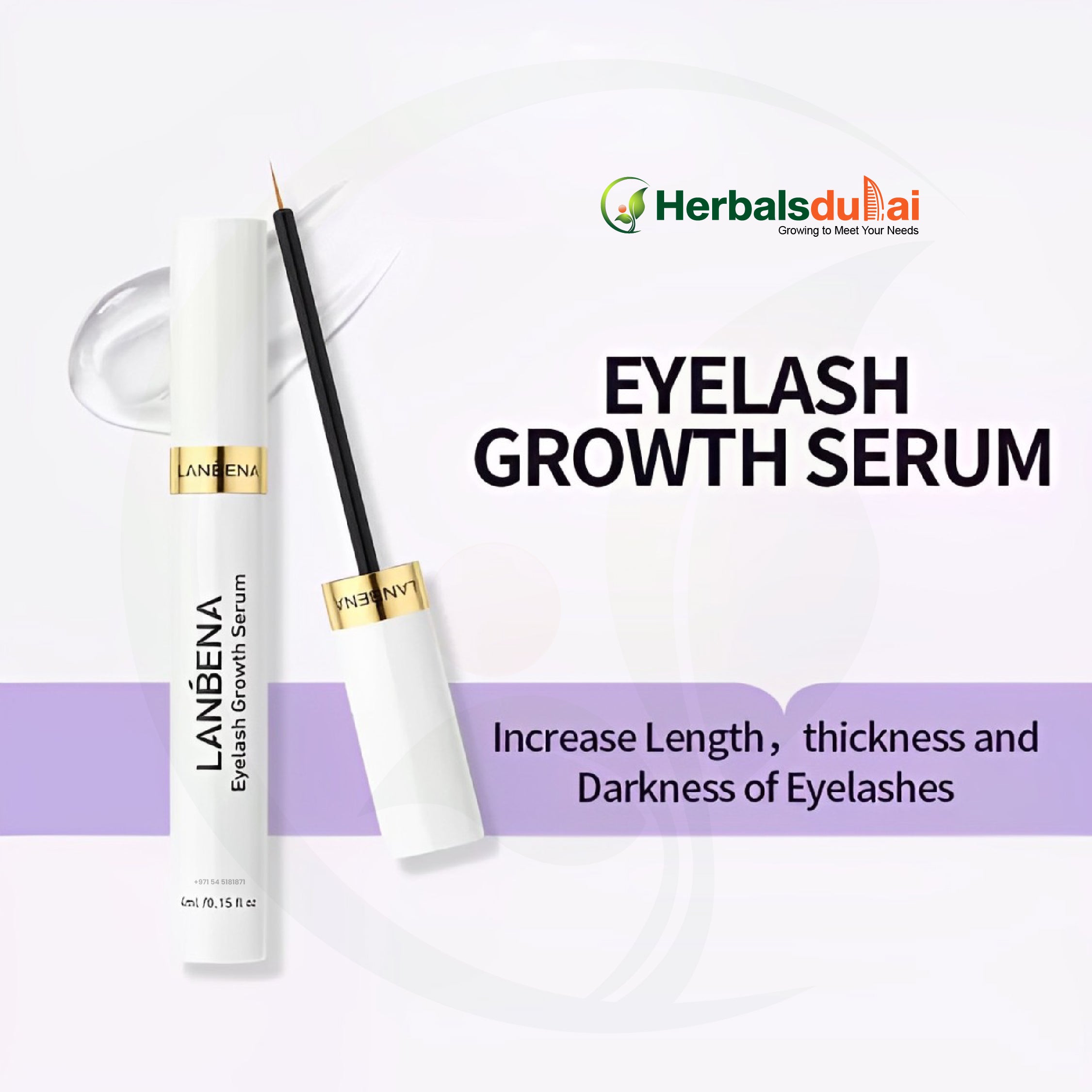 Image of Lanbena Eyelash Growth Serum with applicator, featuring the Herals Dubai logo and text highlighting its benefits for eyelash length, thickness, and darkness.