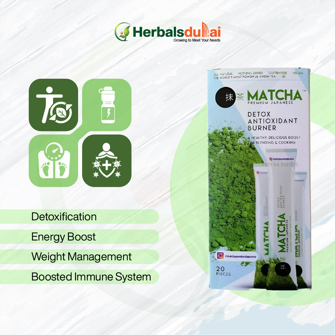 Image showcasing Herbasldubai's Matcha Detox Antioxidant Burner packaging, highlighting benefits like detoxification, energy boost, weight management, and boosted immune system.