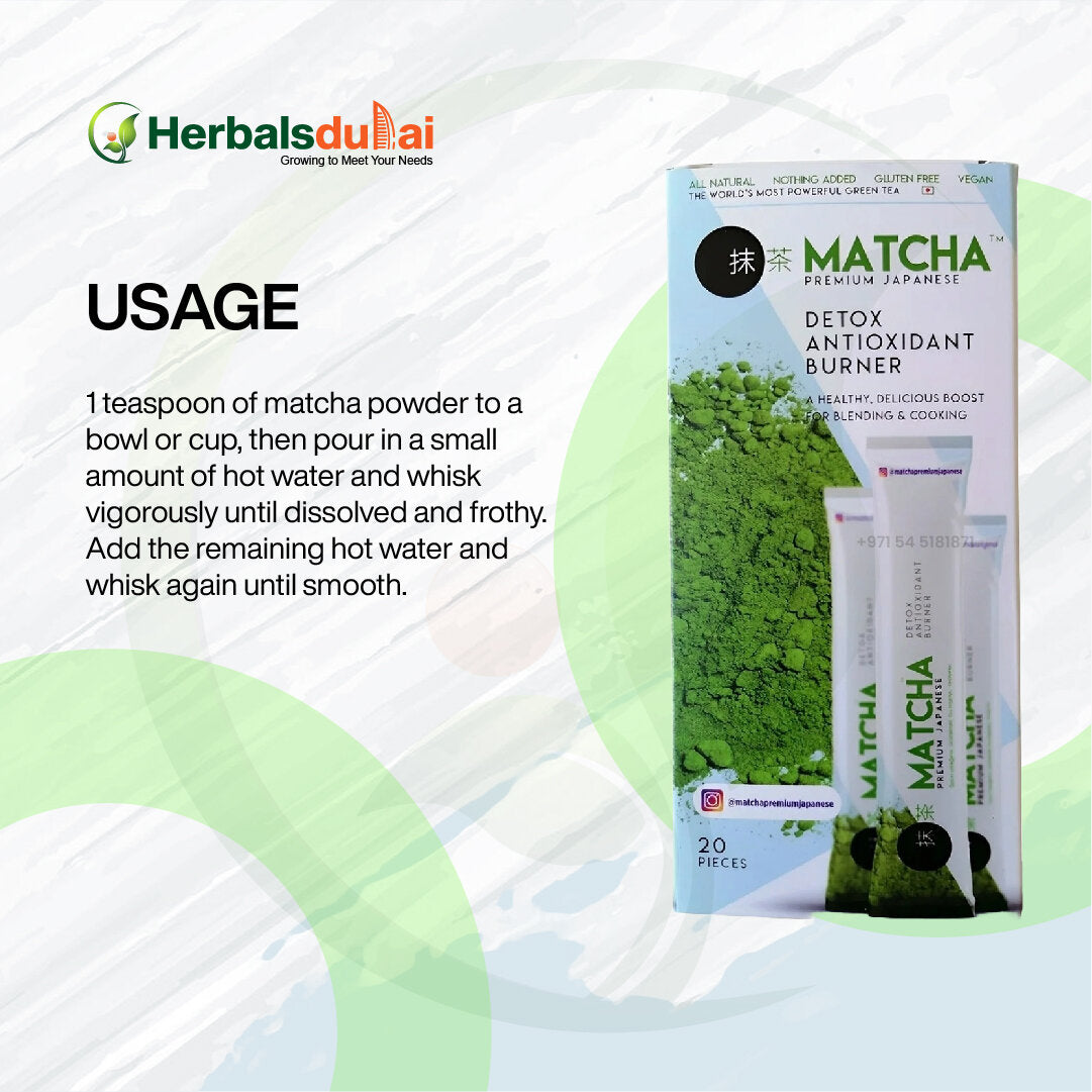 Image of a Herbal Dubai matcha package, featuring 20 pieces of premium Japanese detox antioxidant burner matcha, with instructions on proper matcha preparation.