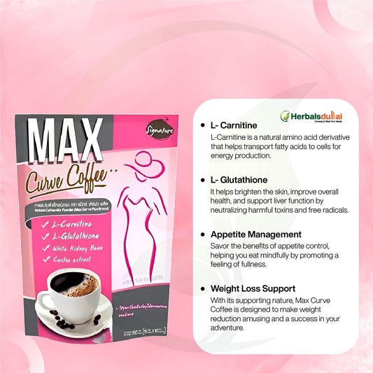 Packaging of Max Curve Coffee displayed on a pink background with a list of benefits, including L-Carnitine, L-Glutathione, appetite management, and weight loss support.