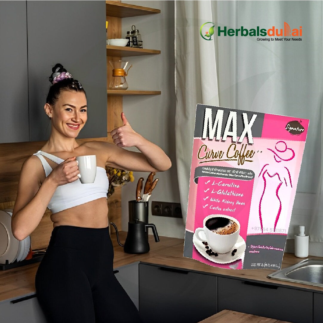 A person in athletic wear is standing in a kitchen holding a cup of coffee and giving a thumbs-up gesture. A product box labeled "Max Curve Coffee" is displayed prominently, indicating features like L-Carnitine and L-Glutathione, with the Herbals Dubai logo visible in the background.