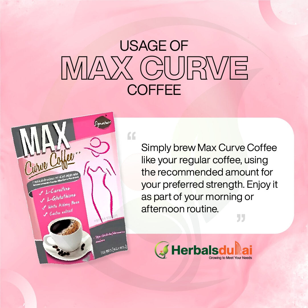 Promotional image for Max Curve Coffee featuring a product box with illustrations, and a cup of coffee. Includes a description about brewing instructions and the Herbal Dubai logo.