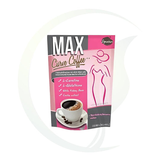 Box of Max Curve Coffee featuring an illustration of a silhouette and a cup of coffee with beans.