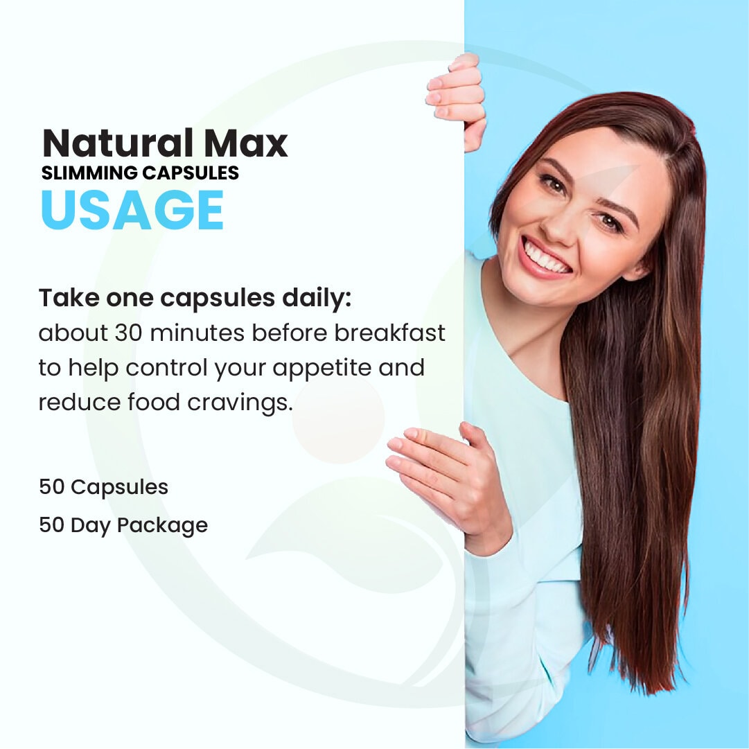 Woman with long hair smiling and holding a product information card for Natural Max Slimming Capsules, detailing daily usage instructions and package details.