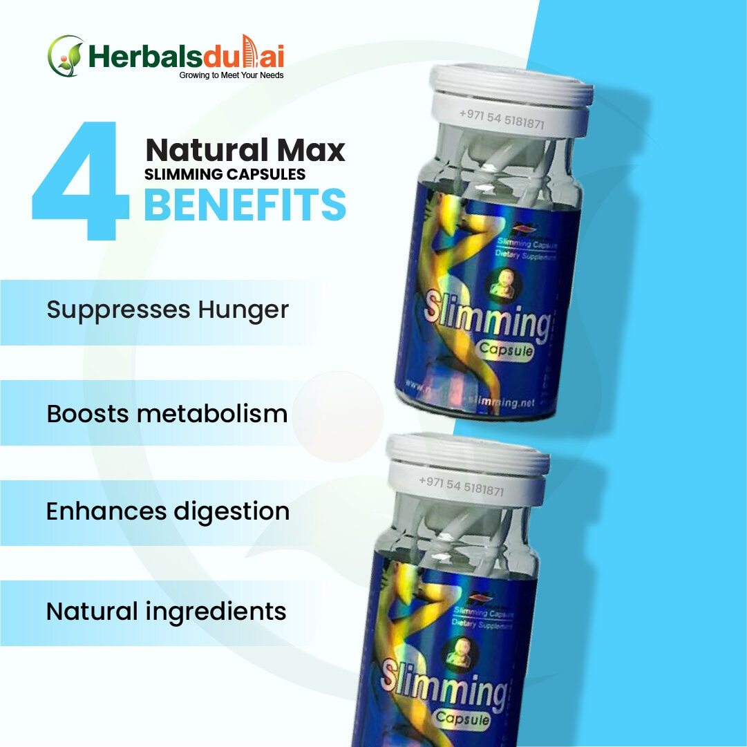 Image of Natural Max Slimming Capsules by Herbals Dubai, highlighting four benefits: suppresses hunger, boosts metabolism, enhances digestion, and features natural ingredients.