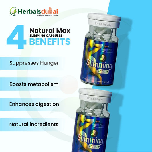 Image of Natural Max Slimming Capsules by Herbals Dubai, highlighting four benefits: suppresses hunger, boosts metabolism, enhances digestion, and features natural ingredients.