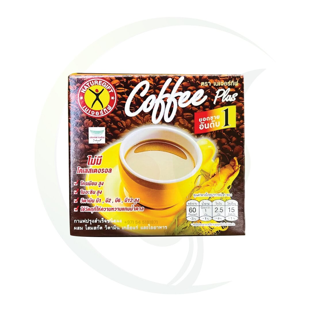 Box of Naturegift Coffee Plus with a yellow cup of coffee on the packaging, surrounded by coffee beans and promotional text in Thai, emphasizing its health benefits.