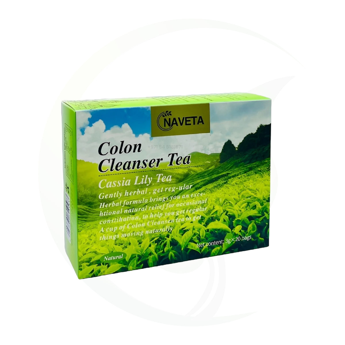 Box of Naveta Colon Cleanser Tea with a scenic background of lush green tea fields and a clear sky.