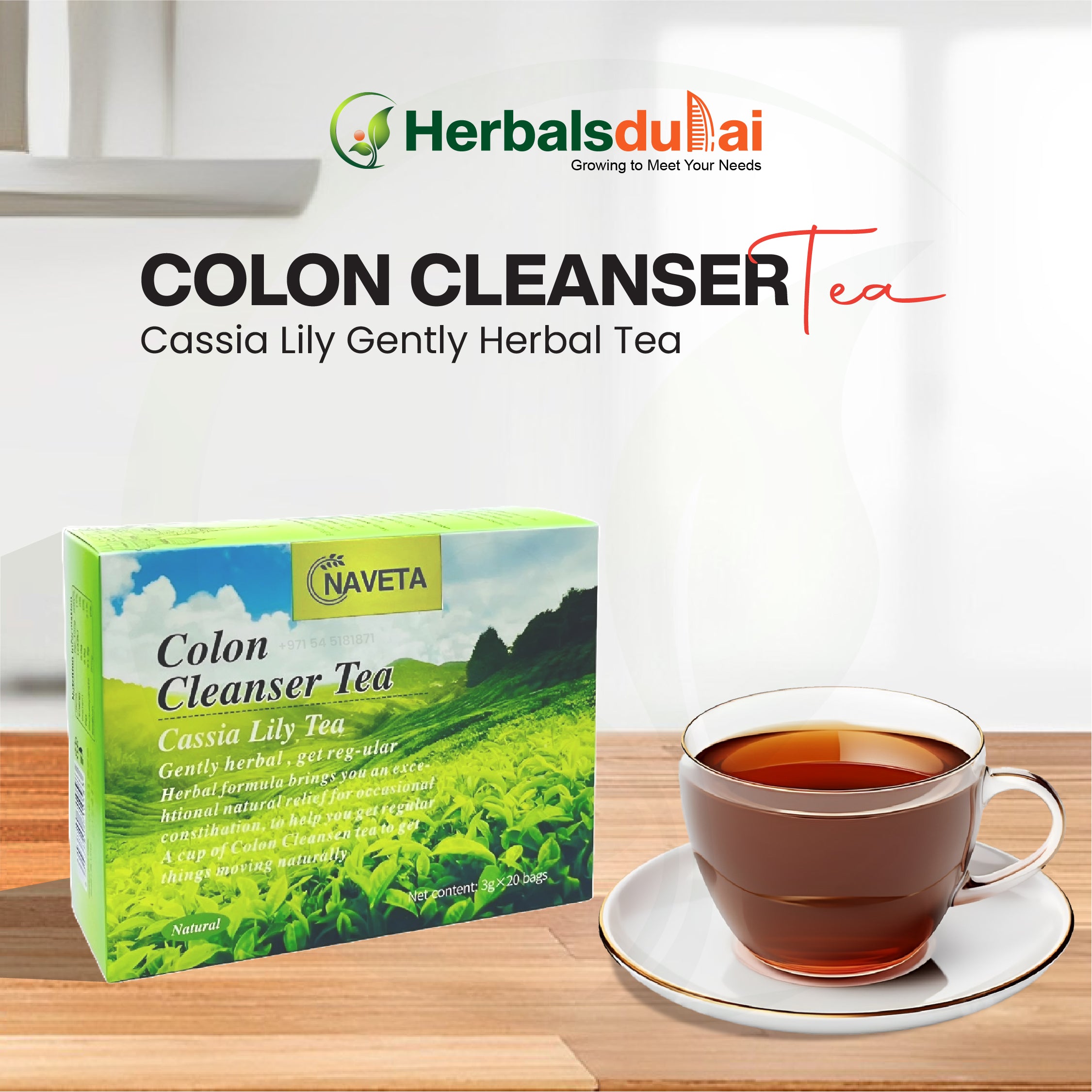 Packaging of Naveta Colon Cleanser Tea with instructions on steeping the Cassia Lily herbal tea for digestive support, presented by Herbals Dubai.