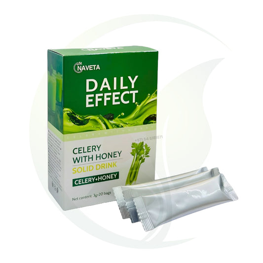 Box of Naveta Daily Effect Celery with Honey Solid Drink with sachets, showcasing celery and honey ingredients.