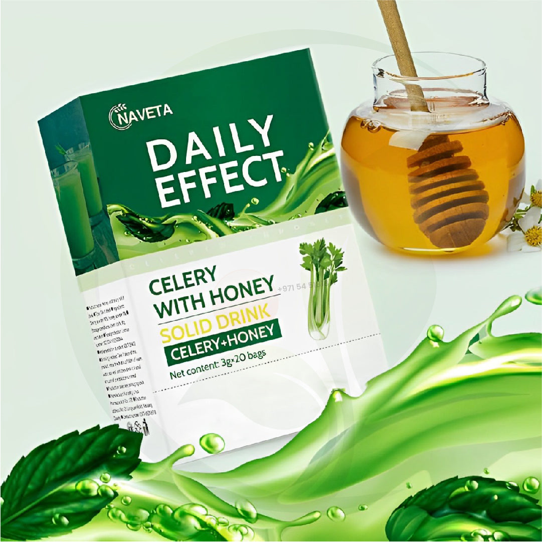 Packaging of Naveta's "Daily Effect" celery with honey solid drink alongside a jar of honey with a honey dipper.