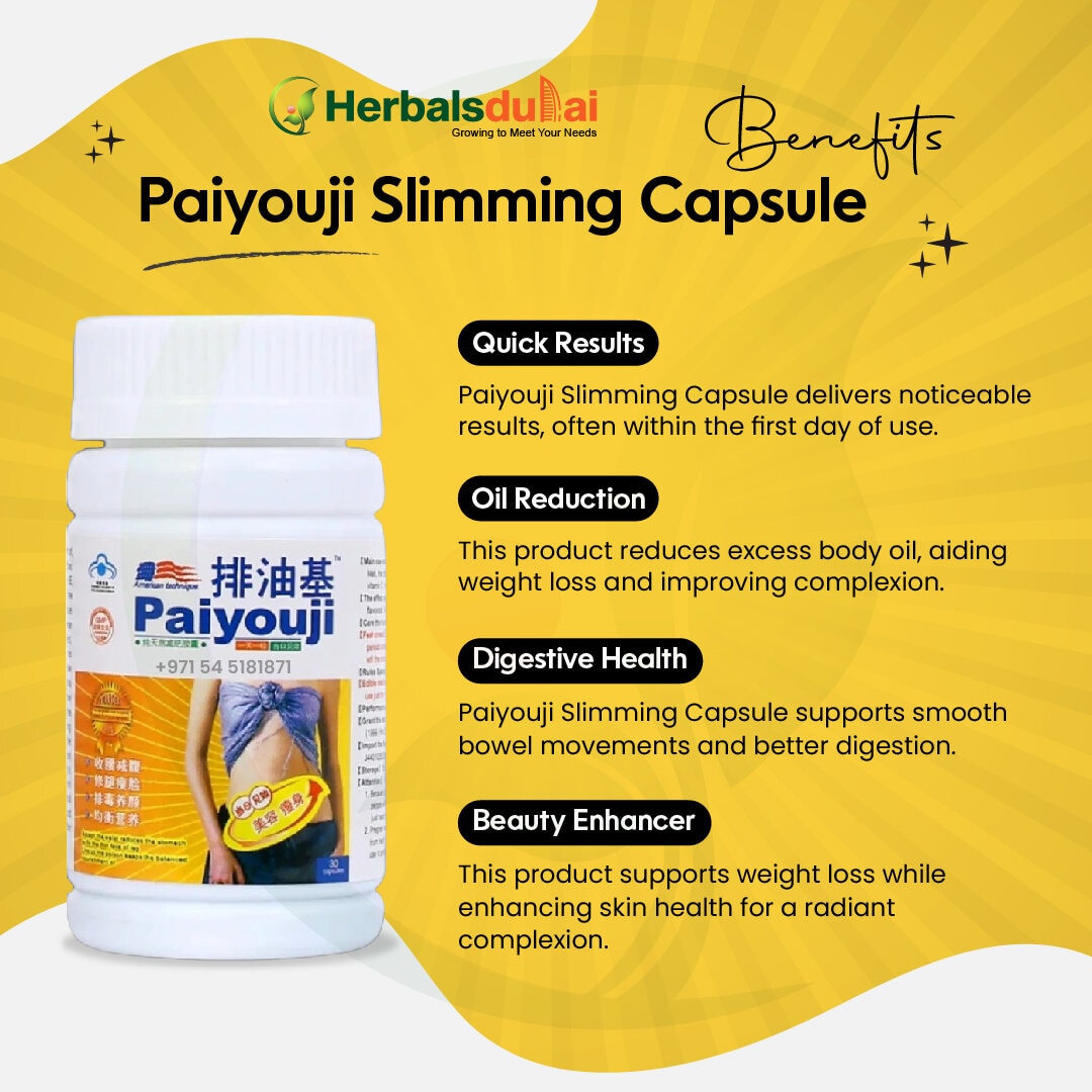 A bottle of Paiyouji Slimming Capsule displayed on a promotional graphic highlighting its benefits, including quick results, oil reduction, digestive health, and beauty enhancement from Herbal Dubai.