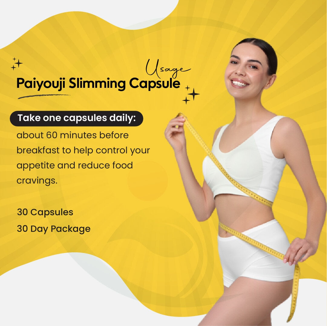 Woman in athletic wear smiling and measuring her waist with a tape, promoting Paiyouji Slimming Capsule on a bright yellow background.