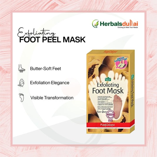 A product advertisement featuring a box of Purederm Exfoliating Foot Mask by Herbals Dubai, highlighting benefits like butter-soft feet, exfoliation elegance, and visible transformation.