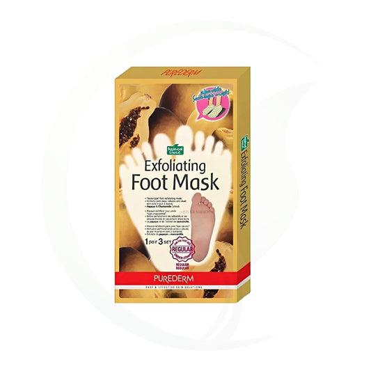 Box of Purederm exfoliating foot mask displayed, featuring product details and image of smooth feet on the packaging.