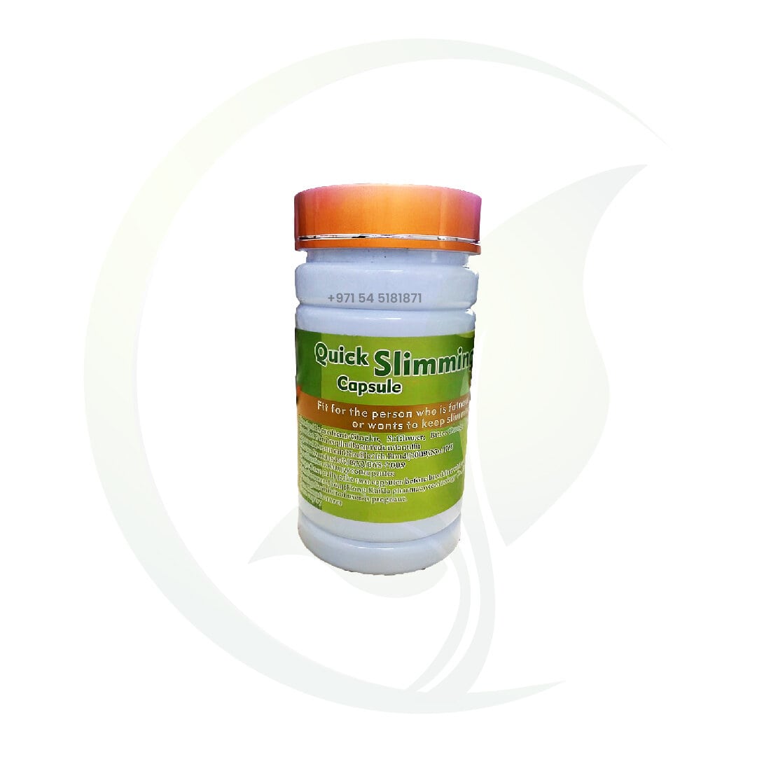 A bottle of Quick Slimming Capsule with green and orange labeling, designed for weight management or slimming purposes.