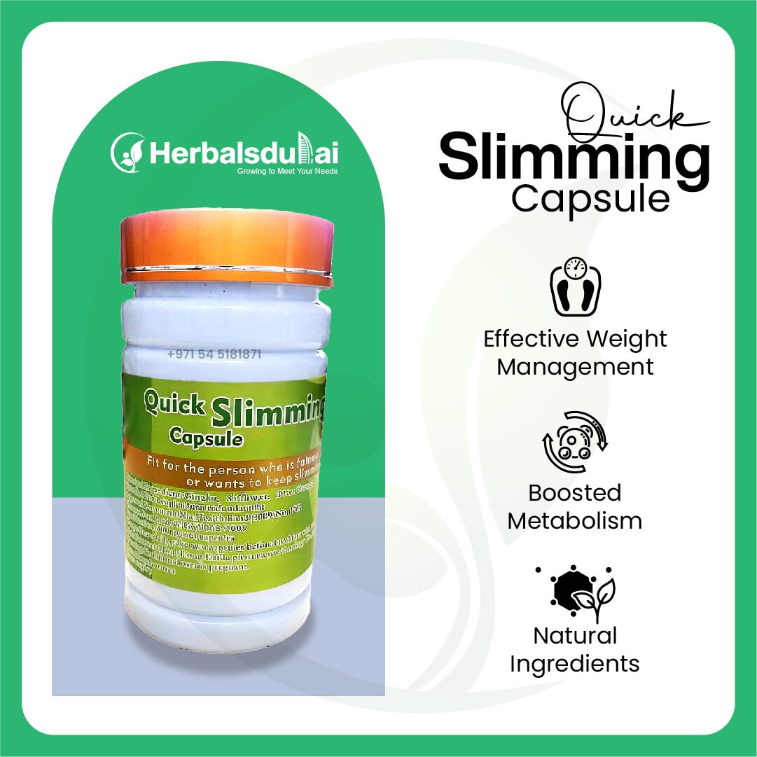 Image of a bottle labeled "Quick Slimming Capsule" from Herbals Dubai, designed for effective weight management. The package promotes features like boosted metabolism and natural ingredients.