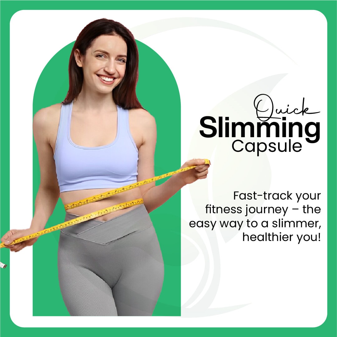 Woman in exercise clothing smiling while measuring her waist with a tape measure, promoting a slimming capsule for weight loss.