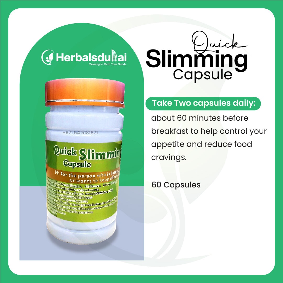 Image of a Quick Slimming Capsule bottle with an orange cap, alongside text instructions for usage, advising taking two capsules daily before breakfast for appetite control and reduced cravings, promoted by Herbals Dubai.