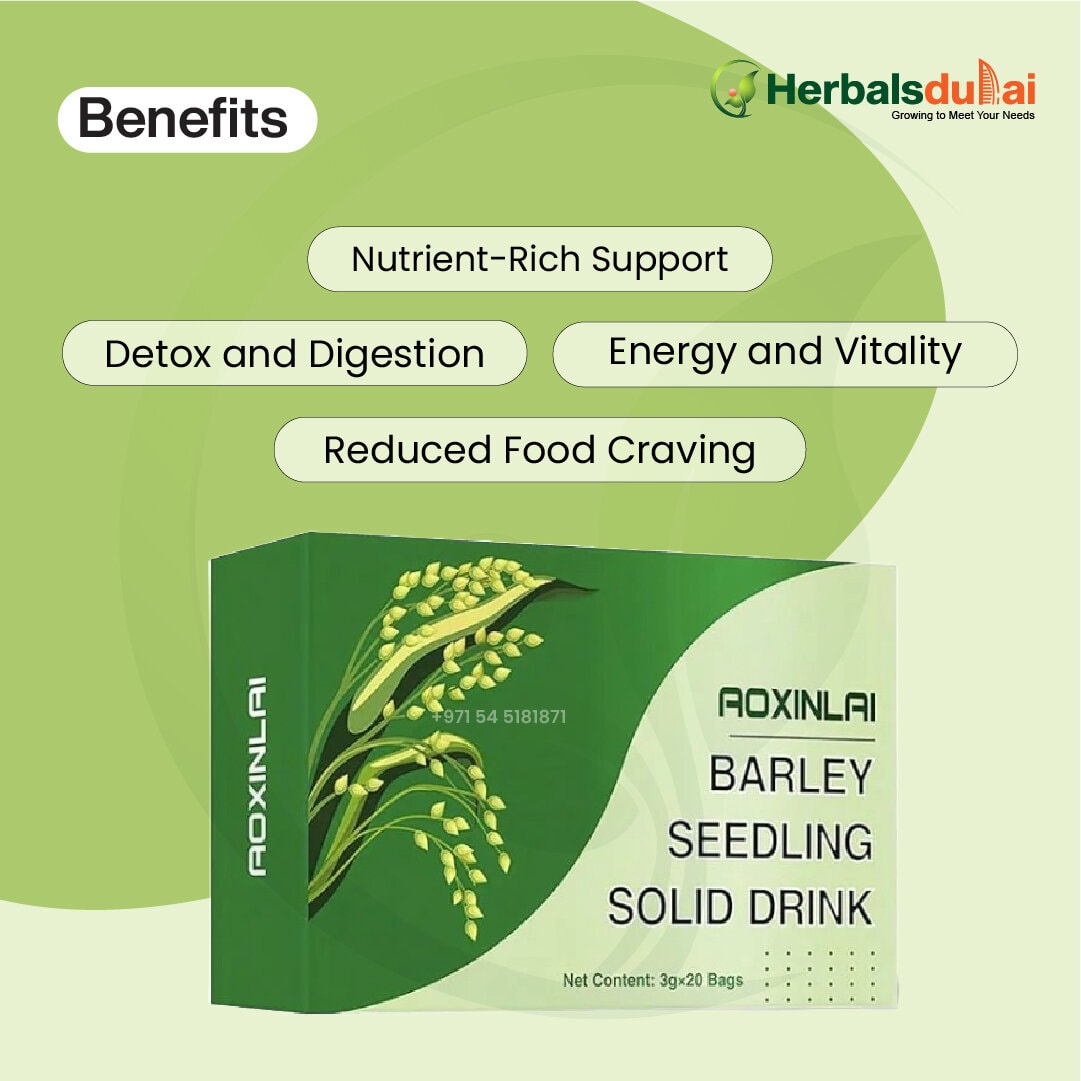 Green packaging of Roxinlai Barley Seedling Solid Drink displayed, highlighting benefits like nutrient-rich support, detox and digestion, energy and vitality, and reduced food cravings. Herbalsdulai logo is present.