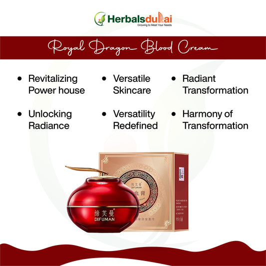 Image of a red jar of Royal Dragon Blood Cream by Herbals Dubai, alongside its box, emphasizing versatile skincare and radiant transformation benefits.