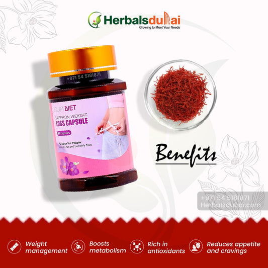 Image of Herbal Dubai's Saffron Weight Loss Capsule bottle next to a bowl of saffron strands, highlighting benefits such as weight management, metabolism boost, and appetite reduction.